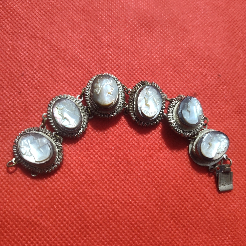 Vintage 800 Silver Italian Cameo Abalone Mother Of Pearl